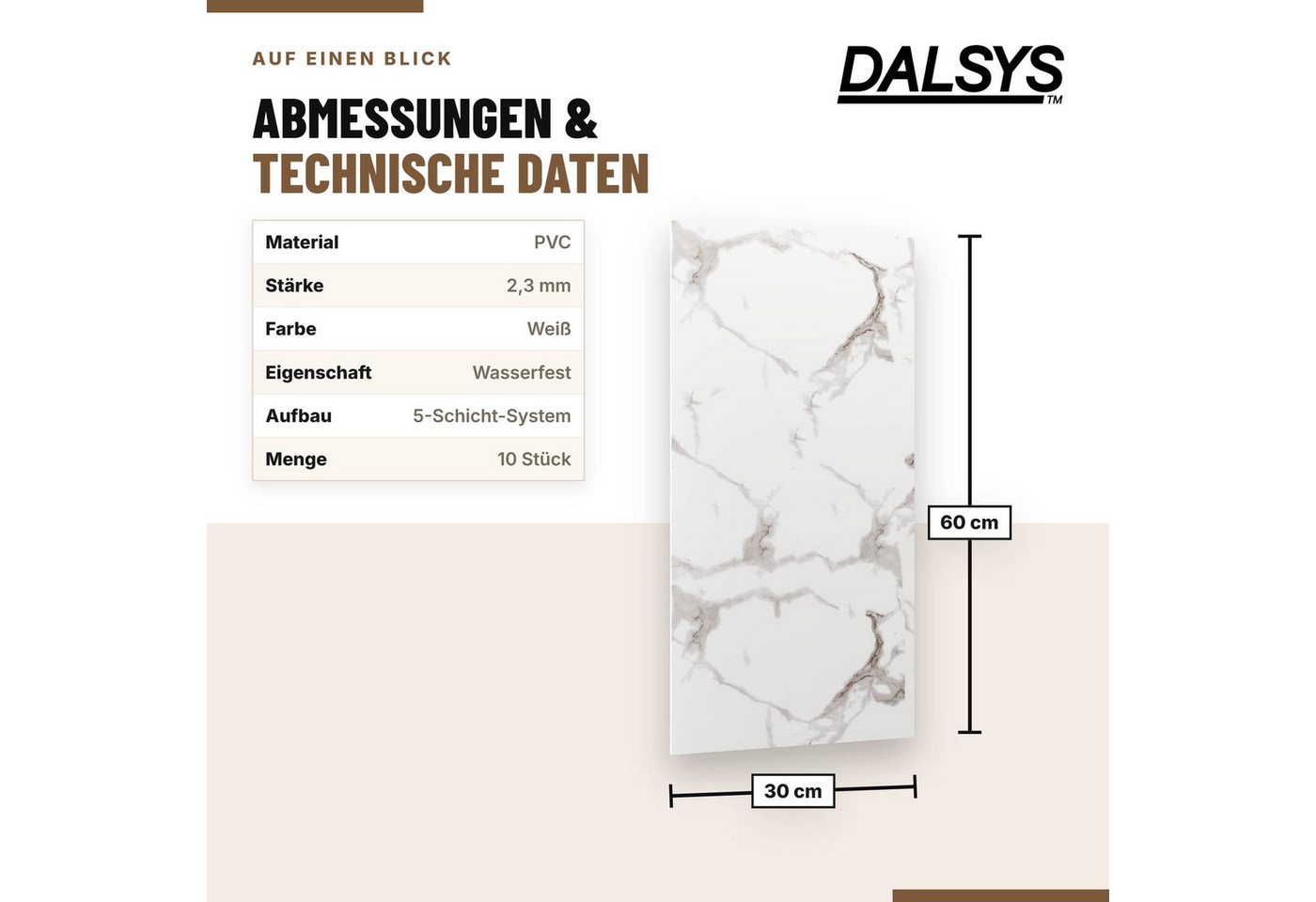 Dalsys Wandpaneel Wandverkleidung selbstklebend aus PVC, BxL: 30x60 cm, (60x30cm Marmorweiß, 10-tlg., flexible Wandverkleidung Badezimmer wasserfest) 2,3mm Materialstärke, Spritzschutz Küchenrückwand