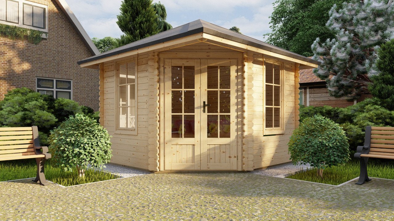 Finn Art Blockhaus Gartenhaus 3x3m Holz 5-Eck Schweden 31 in 28mm Wandstärke, BxT: 298x298 cm, mit 28 mm Fußboden, mit Schindeln rot Bild 4