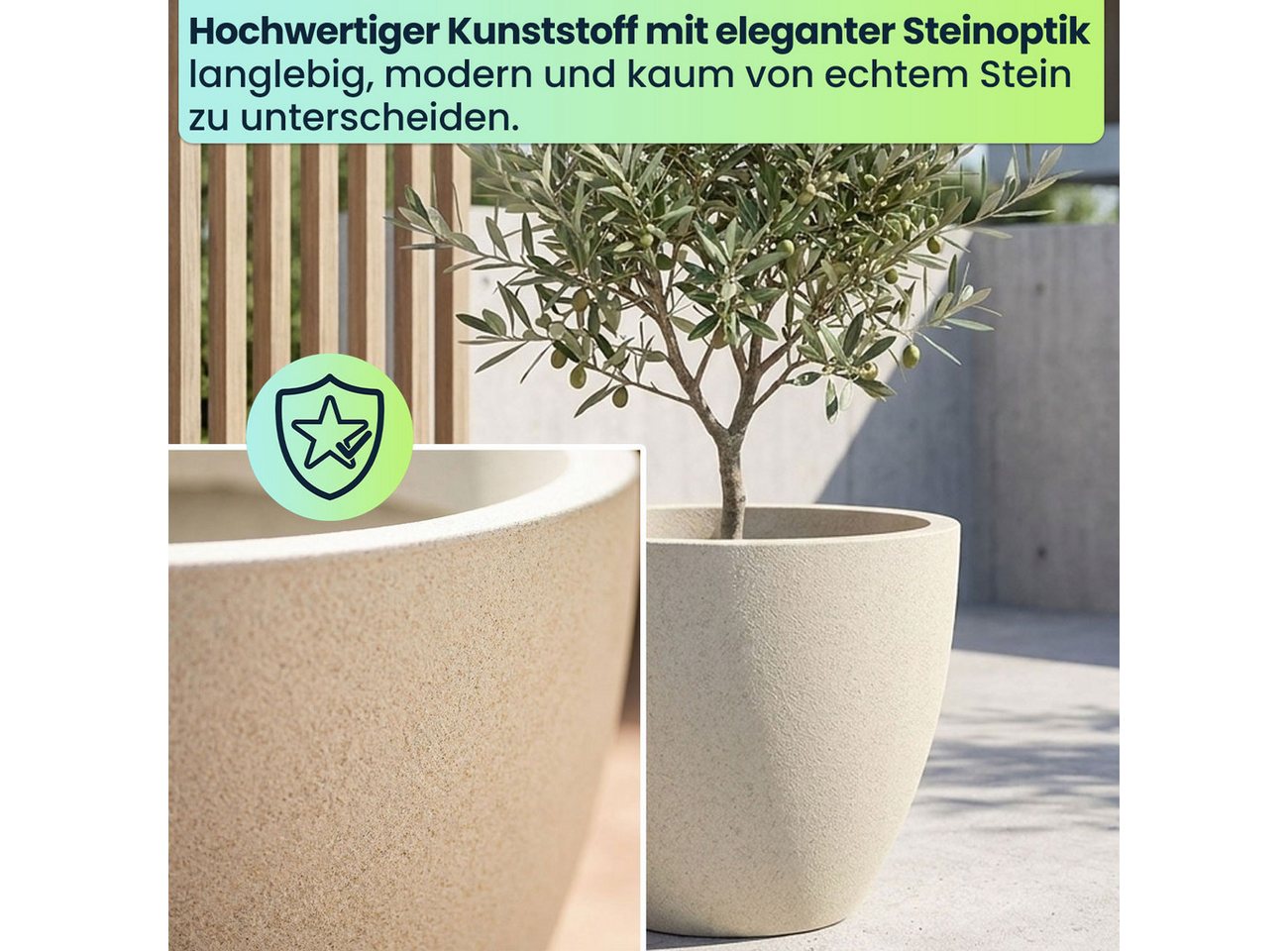 Prosperplast Pflanzkübel Ethick Moderner Pflanzkübel rund Ø58cm Sand 86L Blumentopf frostsicher (1 St., 1er-Set & 2er-Set & 3er-Set), 58,0 x 50,0 cm Kunststoff-Pflanzkübel/UV-Schutz/Wasserauslass Bild 2