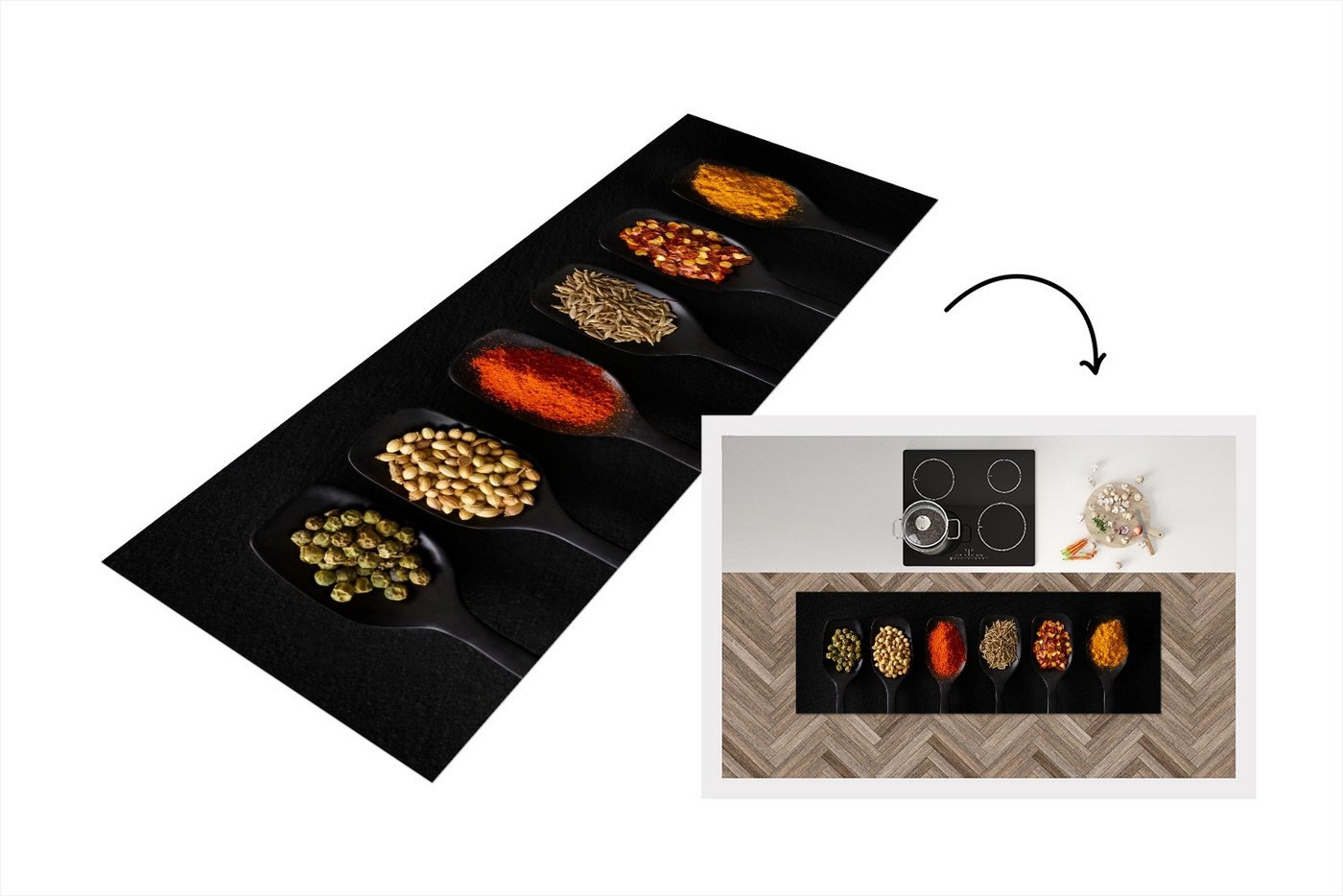 MuchoWow Küchenläufer Löffel - Gewürze - Schwarz - Gewürze - Rustikal, Rechteckig, Küchenteppich, Läufer für Küche, Rutschfest, Küchendeko, 150x50 cm