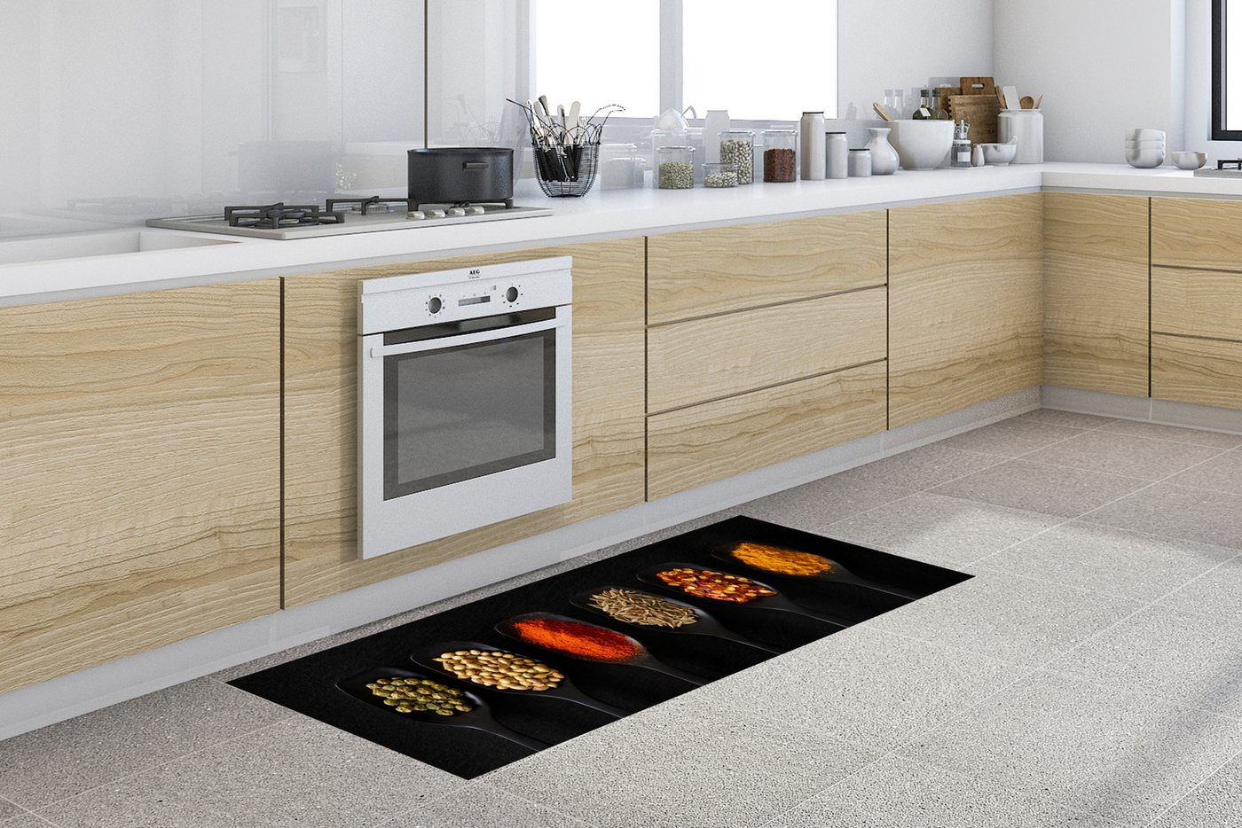 MuchoWow Küchenläufer Löffel - Gewürze - Schwarz - Gewürze - Rustikal, Rechteckig, Küchenteppich, Läufer für Küche, Rutschfest, Küchendeko, 150x50 cm Bild 4
