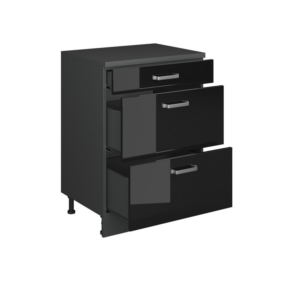 Vicco Unterschrank R-Line, Schwarz Hochglanz, 60 cm ohne Schräge mit 3 Schubladen (1-St)