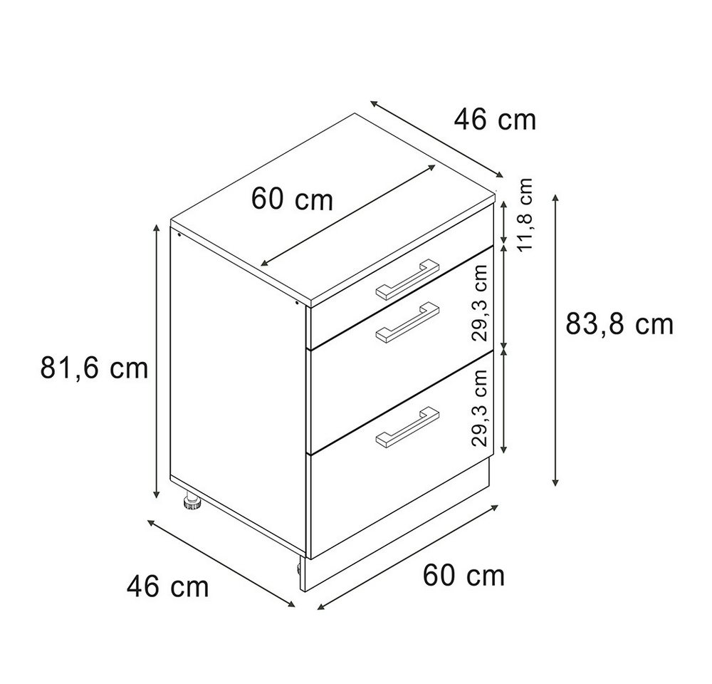 Vicco Unterschrank R-Line, Schwarz Hochglanz, 60 cm ohne Schräge mit 3 Schubladen (1-St) Bild 2