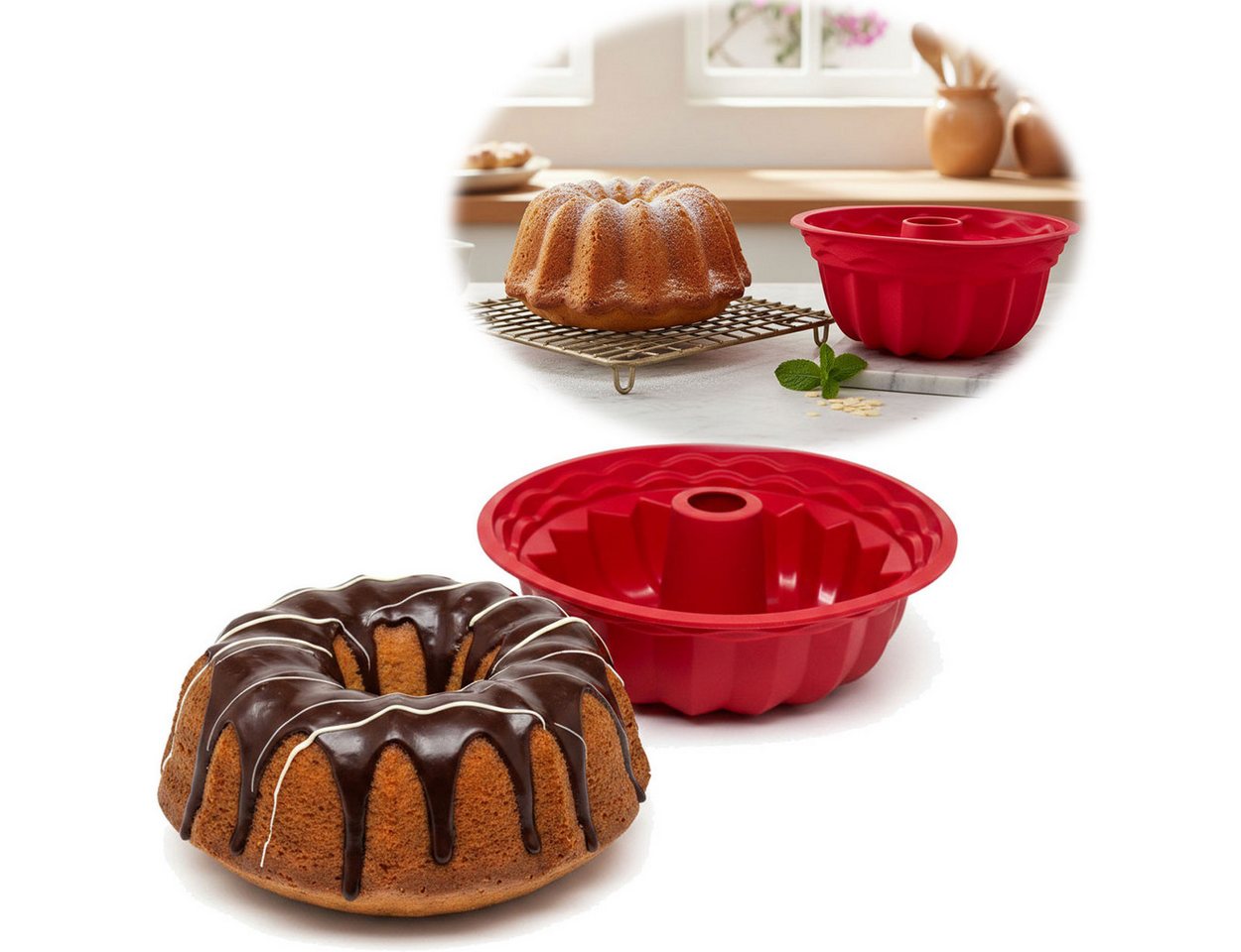 LS-LebenStil Gugelhupfform Silikon Gugelhupf Backform 24cm Rund Napfkuchenform Kuchenform, (Premium Silikon, Bundform Form für Napfkuchen Gugelhupf 1-tlg), Kuchenform für Marmor- & Rührkuchen Silikonformen Antihaft Eigenschaft Bild 2