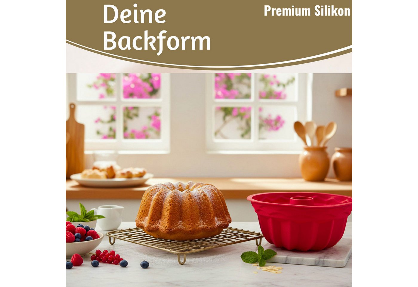 LS-LebenStil Gugelhupfform Silikon Gugelhupf Backform 24cm Rund Napfkuchenform Kuchenform, (Premium Silikon, Bundform Form für Napfkuchen Gugelhupf 1-tlg), Kuchenform für Marmor- & Rührkuchen Silikonformen Antihaft Eigenschaft Bild 4