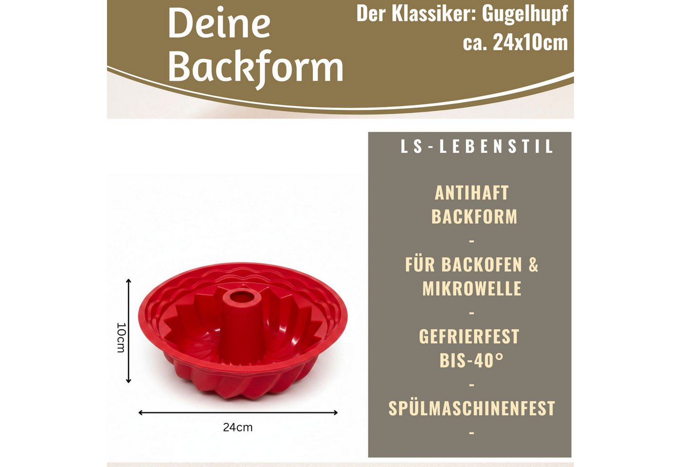LS-LebenStil Gugelhupfform Silikon Gugelhupf Backform 24cm Rund Napfkuchenform Kuchenform, (Premium Silikon, Bundform Form für Napfkuchen Gugelhupf 1-tlg), Kuchenform für Marmor- & Rührkuchen Silikonformen Antihaft Eigenschaft Bild 5