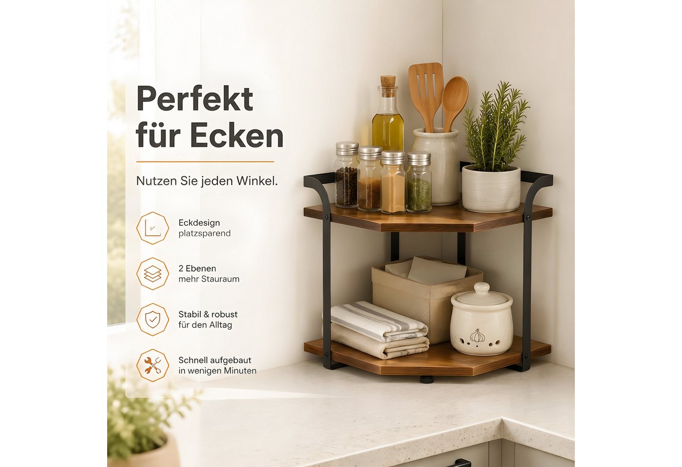 HEYHIPPO Küchenregal Eckregal 2 Ebenen 38×33×20 cm – Holzregal für Küche & Arbeitsplatte, Packung, Platzsparendes Eckregal– vielseitige Ablage für Gewürze & Tassen