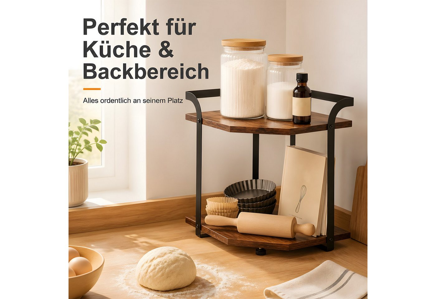 HEYHIPPO Küchenregal Eckregal 2 Ebenen 38×33×20 cm – Holzregal für Küche & Arbeitsplatte, Packung, Platzsparendes Eckregal– vielseitige Ablage für Gewürze & Tassen Bild 2