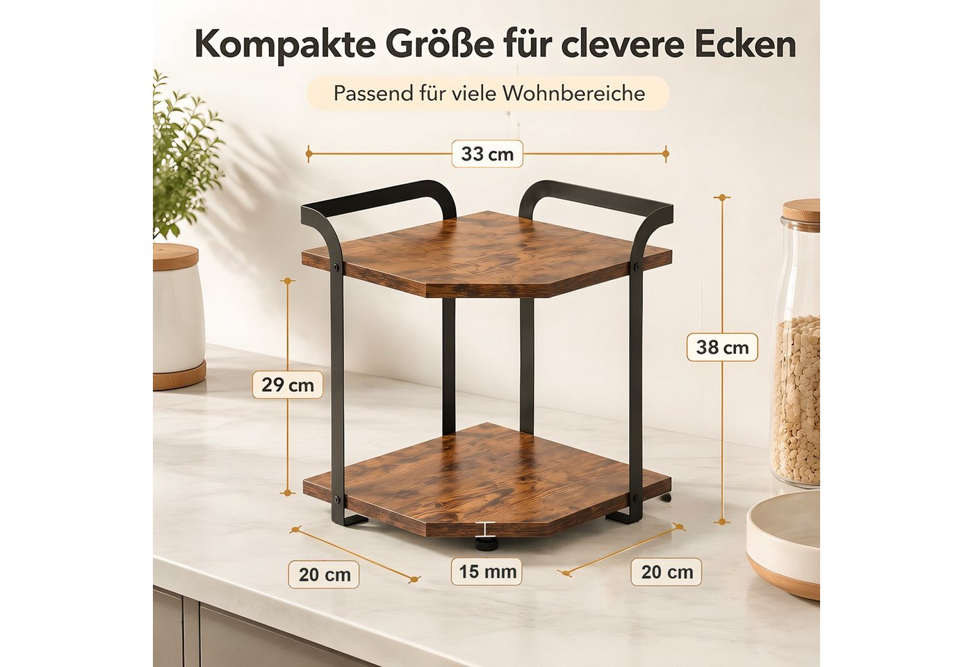HEYHIPPO Küchenregal Eckregal 2 Ebenen 38×33×20 cm – Holzregal für Küche & Arbeitsplatte, Packung, Platzsparendes Eckregal– vielseitige Ablage für Gewürze & Tassen Bild 4