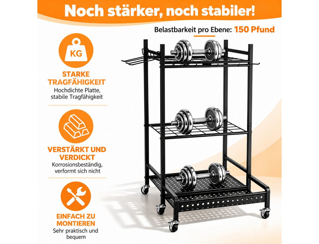 LEMLIT Gartengerätehalter Gartenwerkzeug Organizer Mit Rädern Und Haken, Metall, Schwarz, (1er Set, 1-tlg., Produktmaße: 49,8 x 42,9 x 77,9 cm, 30 kg Belastbar, Rostbeständig, Für Garage, Garten Und Schuppen)