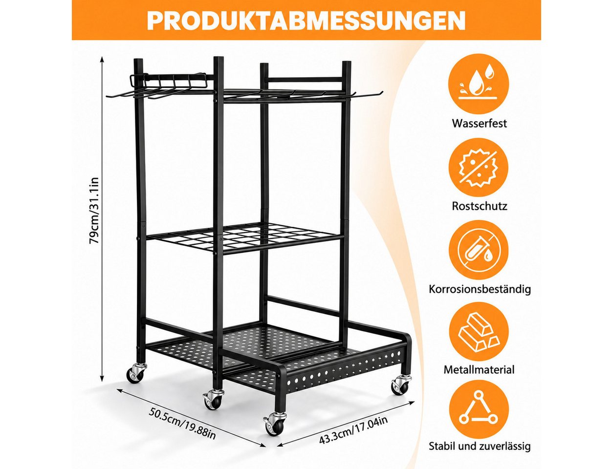 LEMLIT Gartengerätehalter Gartenwerkzeug Organizer Mit Rädern Und Haken, Metall, Schwarz, (1er Set, 1-tlg., Produktmaße: 49,8 x 42,9 x 77,9 cm, 30 kg Belastbar, Rostbeständig, Für Garage, Garten Und Schuppen) Bild 2