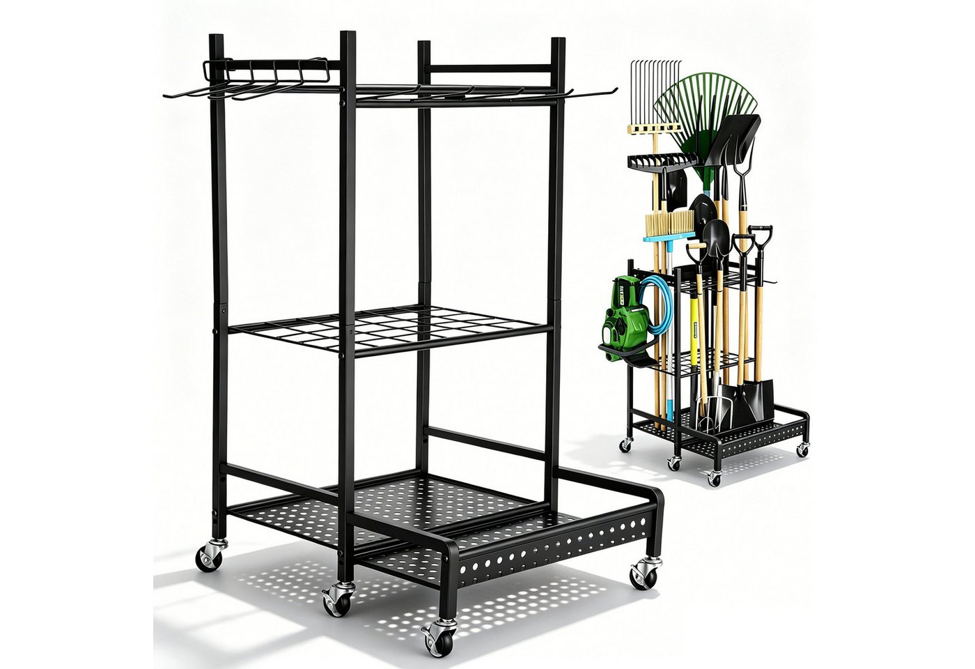 LEMLIT Gartengerätehalter Gartenwerkzeug Organizer Mit Rädern Und Haken, Metall, Schwarz, (1er Set, 1-tlg., Produktmaße: 49,8 x 42,9 x 77,9 cm, 30 kg Belastbar, Rostbeständig, Für Garage, Garten Und Schuppen) Bild 3