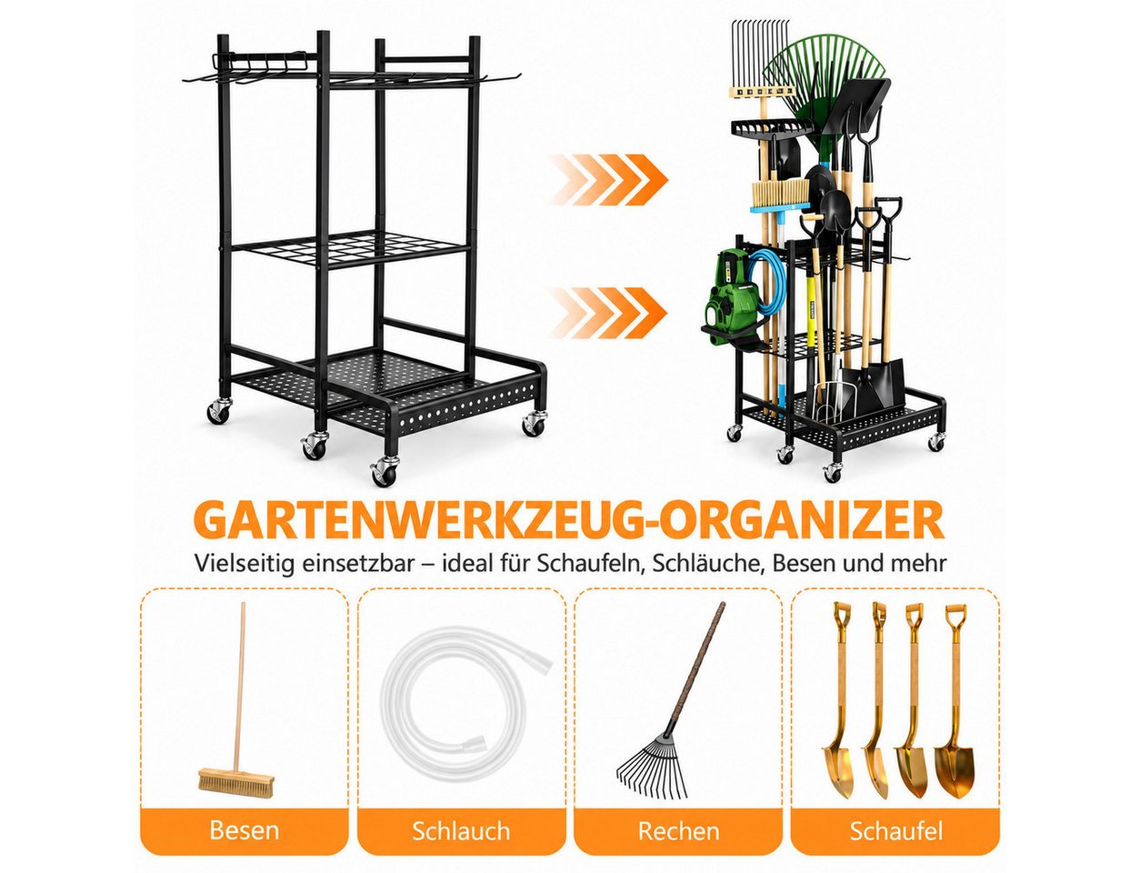 LEMLIT Gartengerätehalter Gartenwerkzeug Organizer Mit Rädern Und Haken, Metall, Schwarz, (1er Set, 1-tlg., Produktmaße: 49,8 x 42,9 x 77,9 cm, 30 kg Belastbar, Rostbeständig, Für Garage, Garten Und Schuppen) Bild 4