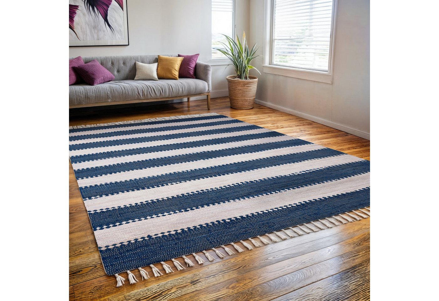 Wohnando Teppich MY-RUG Aarav, Chindi-Teppich 150x80cm, rechteckig, Höhe: 10 mm, aus recycelten Baumwollresten, handgewebt, wendbar, mit Fransen Bild 3