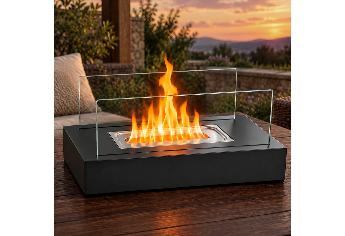 ZMH Tischfeuer Indoor Outdoor Tischkamin Ethanol Dekokamin Set Glas Edelstahl, 250ml Brennvolumen, 2 hitzebeständige Gläser, Feuerlöschabdeckung
