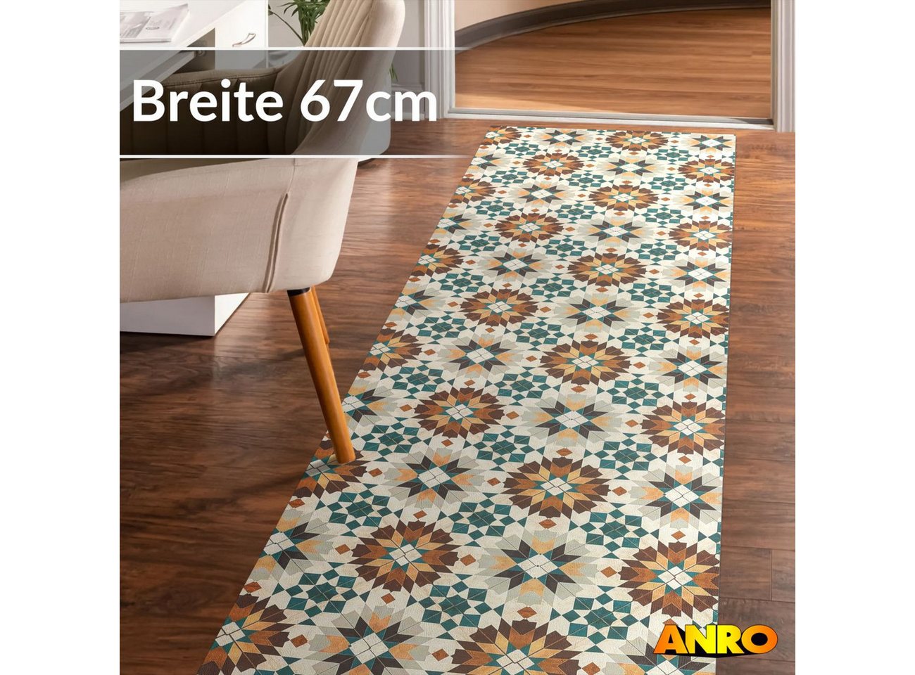ANRO Küchenläufer abwaschbar Sternblume LADY Läufer pflegeleicht Küchenteppich, Rechteckig, Höhe: 3 mm, robust schmutzabweisend 67x100cm Vintage Bunt robust Bild 3