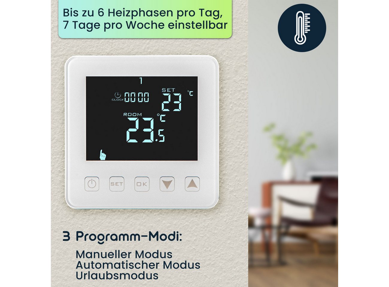 Casativo Raumthermostat Digitales Raumthermostat Fußbodenheizung Touch Wand-Thermostat, Netzbetrieb, (1-St) Bild 5