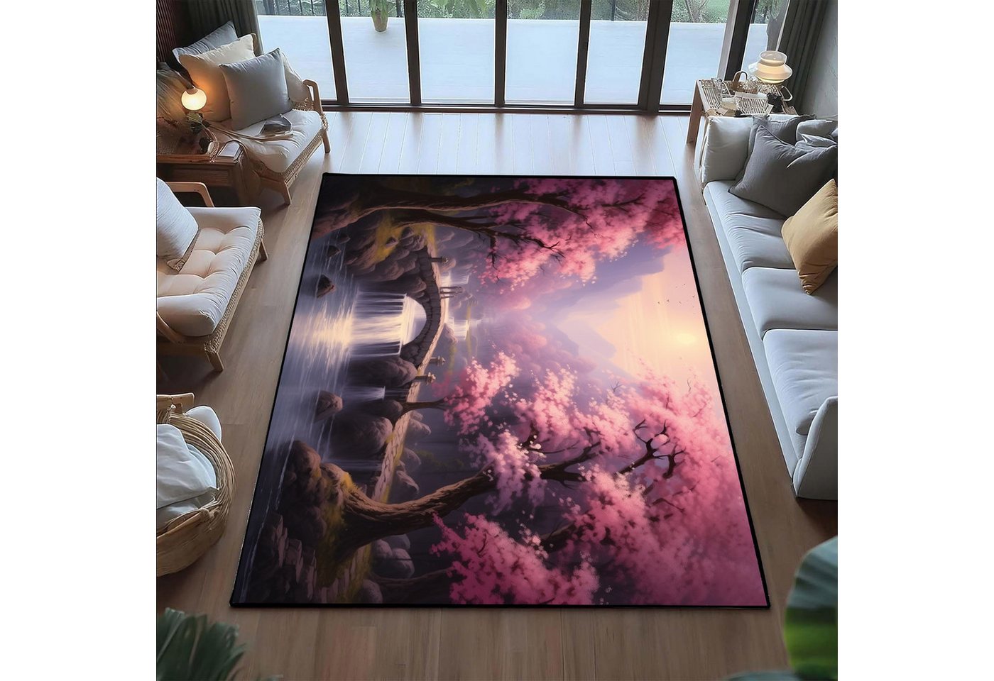 Jumpeak Teppich Japanische Kirschblüten Landschaft Teppich, teppich waschbar, Rechteckig, Höhe: 5 mm, länglicher teppich,Kunstkaschmir, teppich pflegeleicht, große teppiche Bild 4