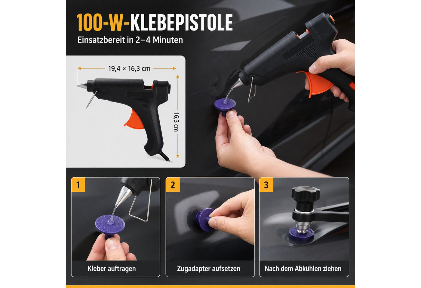HS.SUPPLY Reparatur-Set PDR Dellenreparatur Set Auto Ausbeulwerkzeug 100 W 33 Adapter, Komplett-Set, Umfangreiches PDR-Dellenreparatur-Set, Komplettset mit viel Zubehör