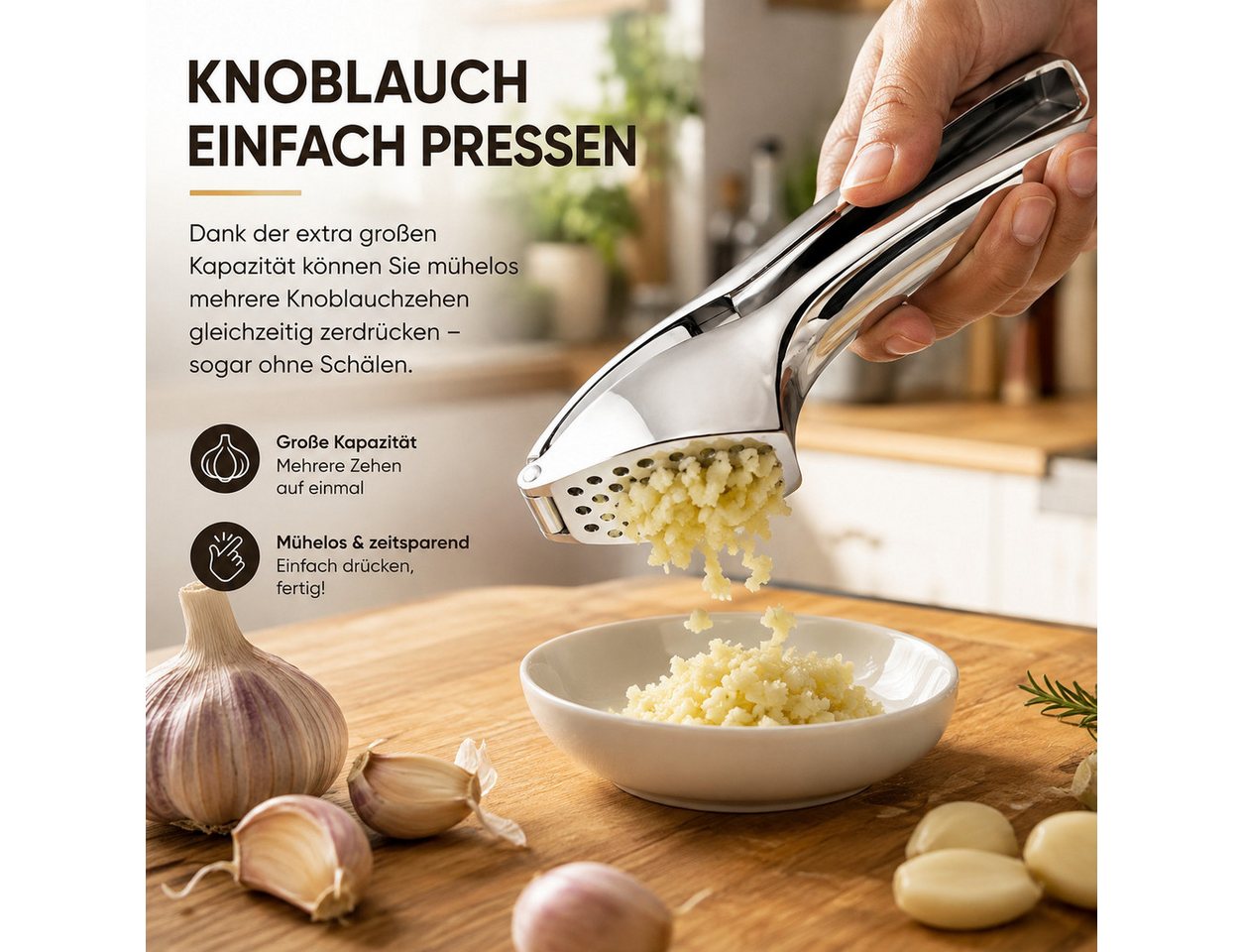ibettertec Knoblauchpresse Knoblauchpresse aus Zinklegierung, ohne Schälen Knoblauch pressen, ergonomisches Design, besonders großes Volumen, langlebig