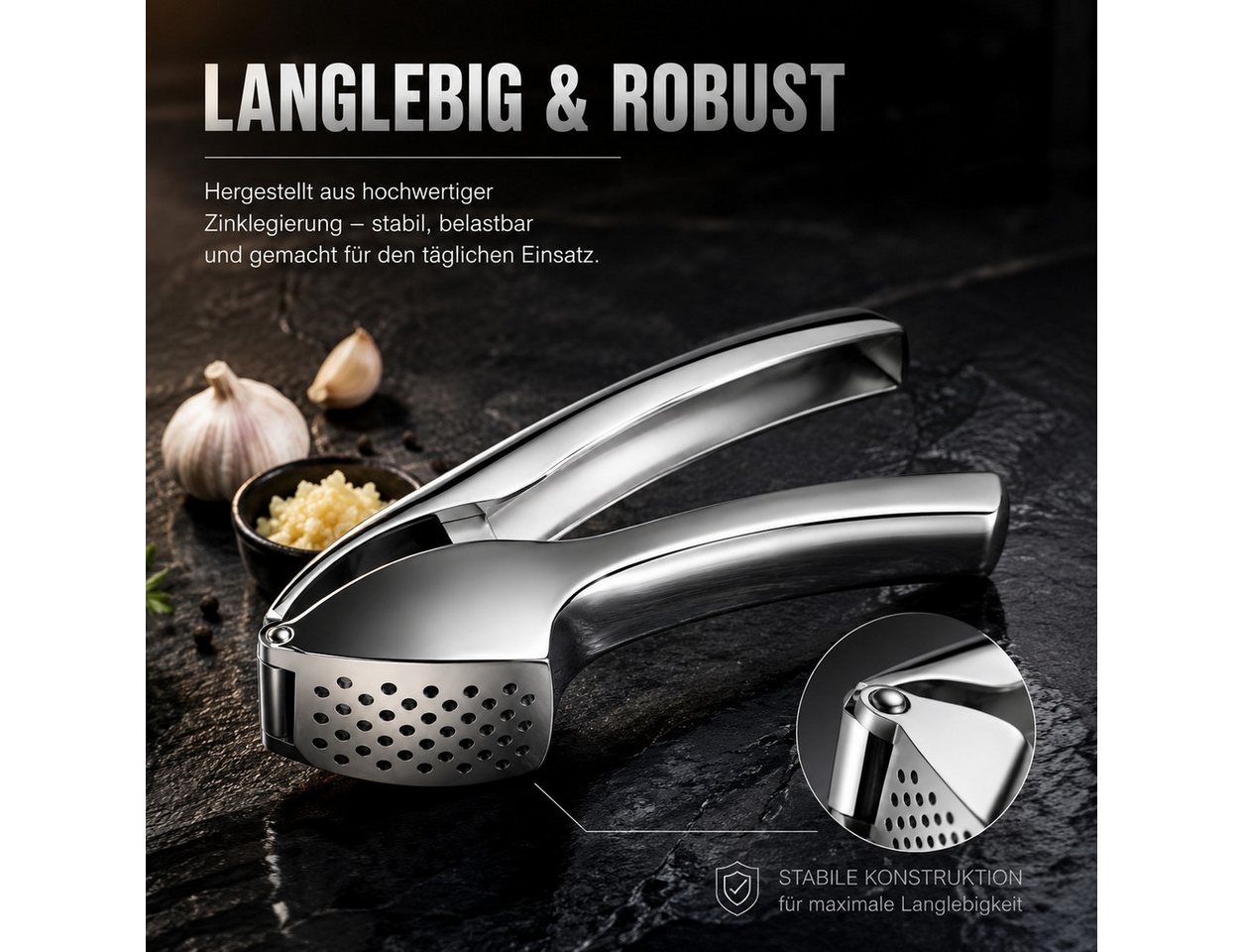 ibettertec Knoblauchpresse Knoblauchpresse aus Zinklegierung, ohne Schälen Knoblauch pressen, ergonomisches Design, besonders großes Volumen, langlebig Bild 3