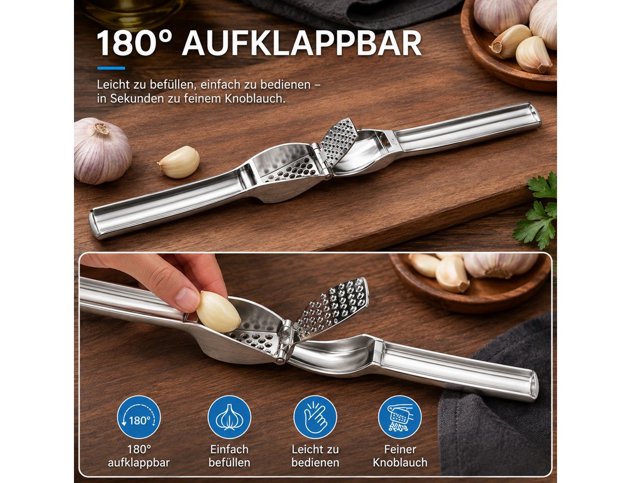 ibettertec Knoblauchpresse Knoblauchpresse aus Zinklegierung, ohne Schälen Knoblauch pressen, ergonomisches Design, besonders großes Volumen, langlebig Bild 4