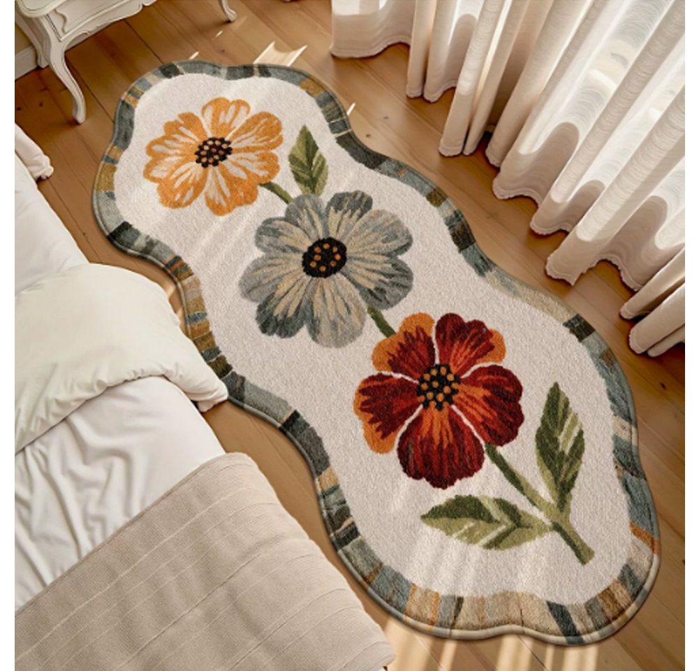 FANNOU Teppich Kurzflor, Teppiche Schlafzimmer Weich Modern Imitationskaschmir, 50x110cm, mit rutschfest Unterseite Blume Stil Schlafzimmerteppich Waschbar