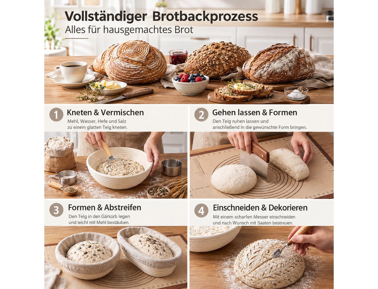 GLIESE POWER Gärkorb -Set Oval & Rund – mit Leinen, Teigschaber & Brotmesser, (8-tlg), 2 Körbe, Leinen, Schaber & Messer – für Brotbacken. Bild 2