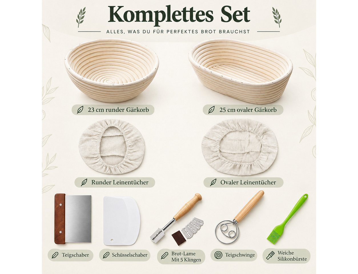 GLIESE POWER Gärkorb -Set Oval & Rund – mit Leinen, Teigschaber & Brotmesser, (8-tlg), 2 Körbe, Leinen, Schaber & Messer – für Brotbacken. Bild 3