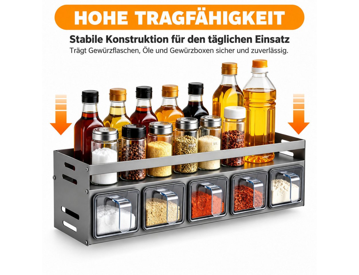 LEMLIT Gewürzregal Gewürzhalter Mit 5 Gewürzdosen Und Löffeln, Wandmontage Oder Stehend, 1er Set 1-tlg., Aluminium, Platzsparend, Für Arbeitsplatte Und Küchenschrank