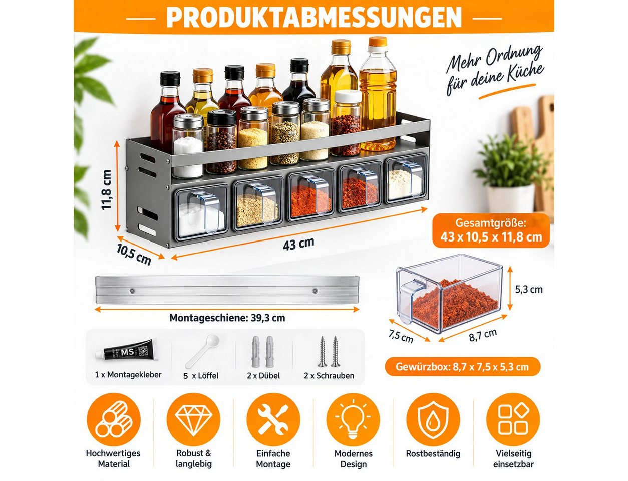 LEMLIT Gewürzregal Gewürzhalter Mit 5 Gewürzdosen Und Löffeln, Wandmontage Oder Stehend, 1er Set 1-tlg., Aluminium, Platzsparend, Für Arbeitsplatte Und Küchenschrank Bild 2