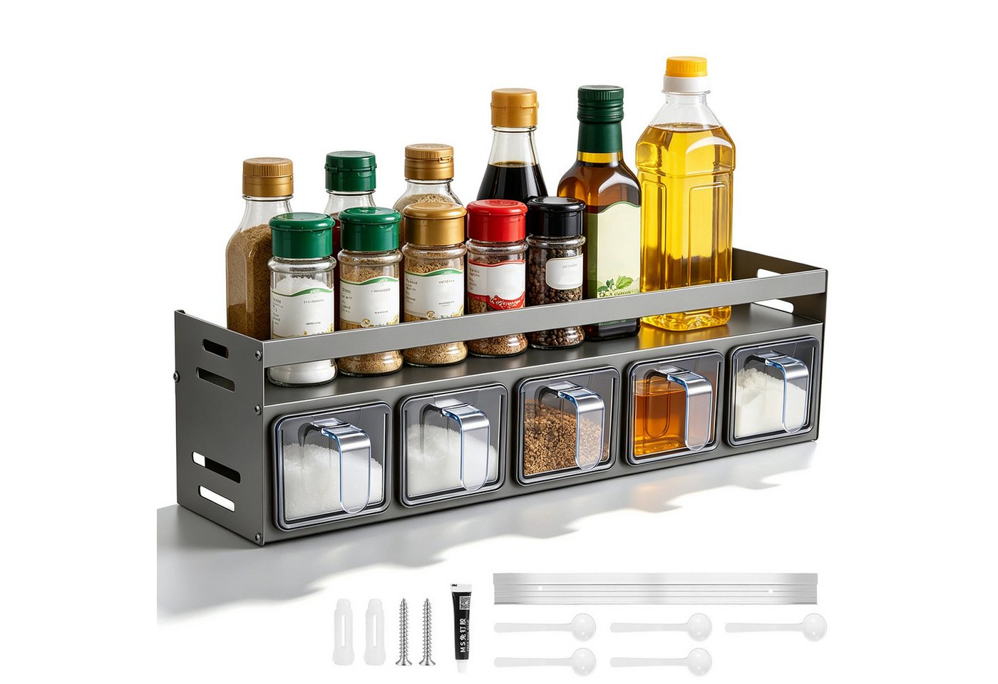 LEMLIT Gewürzregal Gewürzhalter Mit 5 Gewürzdosen Und Löffeln, Wandmontage Oder Stehend, 1er Set 1-tlg., Aluminium, Platzsparend, Für Arbeitsplatte Und Küchenschrank Bild 3