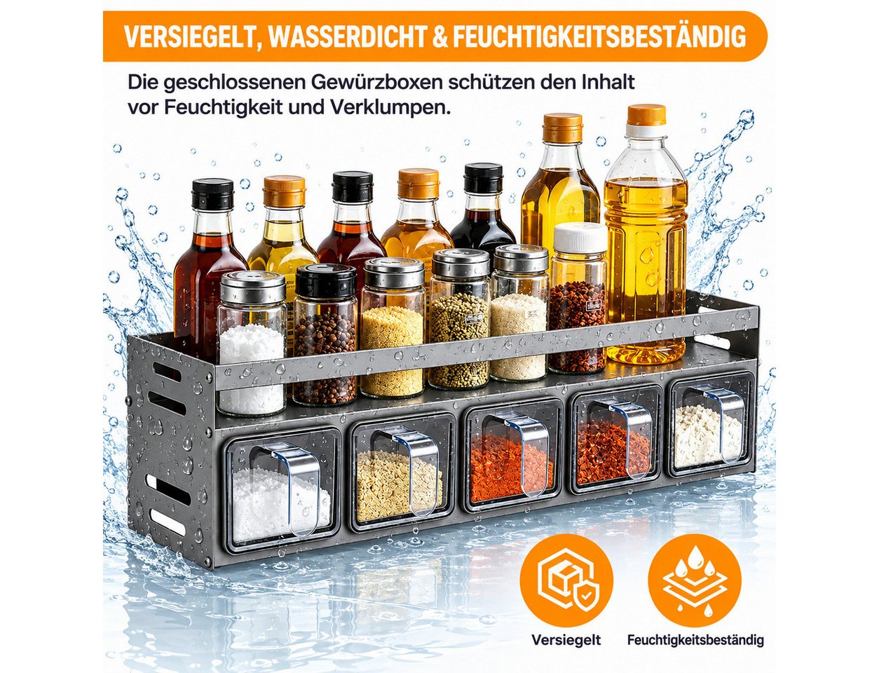 LEMLIT Gewürzregal Gewürzhalter Mit 5 Gewürzdosen Und Löffeln, Wandmontage Oder Stehend, 1er Set 1-tlg., Aluminium, Platzsparend, Für Arbeitsplatte Und Küchenschrank Bild 4