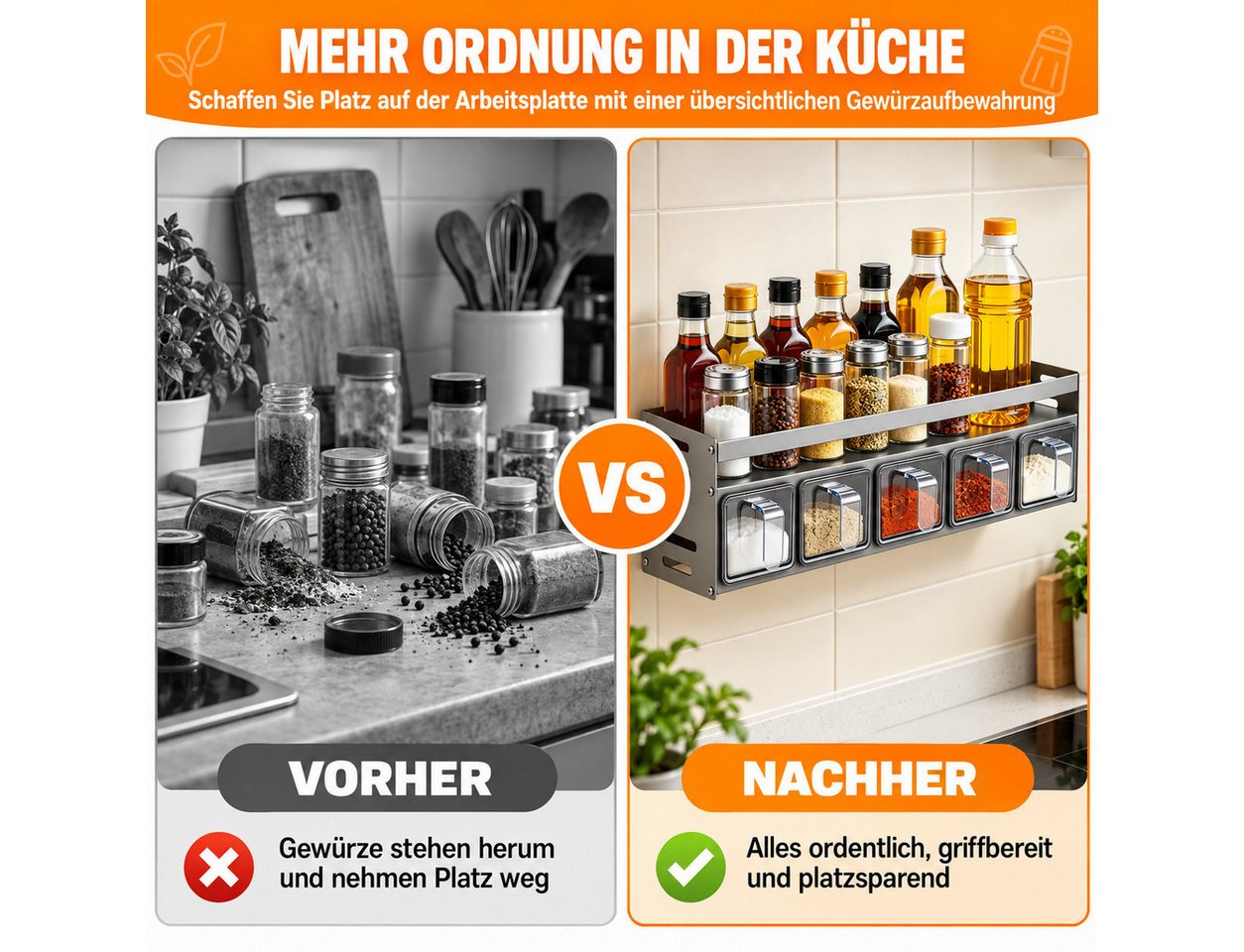LEMLIT Gewürzregal Gewürzhalter Mit 5 Gewürzdosen Und Löffeln, Wandmontage Oder Stehend, 1er Set 1-tlg., Aluminium, Platzsparend, Für Arbeitsplatte Und Küchenschrank Bild 5