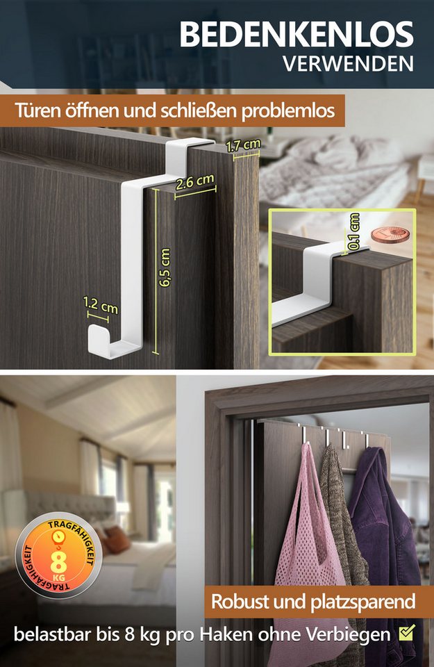 Lindenstein Türhaken Türgarderobe zum Einhängen, Türen, (Packung, 10-St., 10), ohne Bohren,Stabil,langlebig,rostbeständig,verformungsresistent