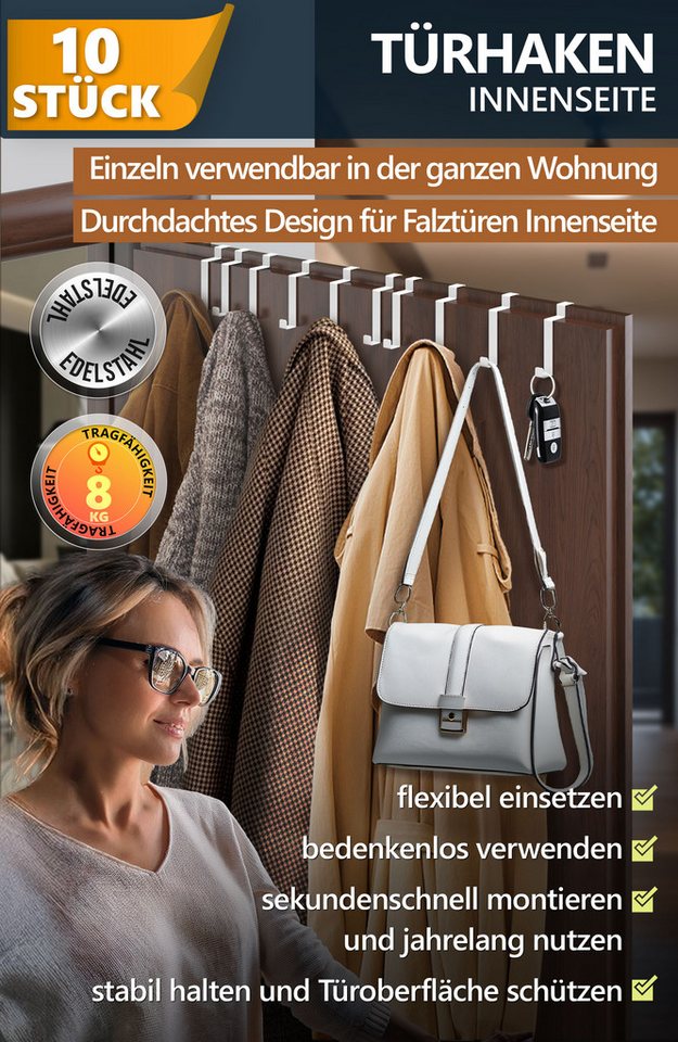 Lindenstein Türhaken Türgarderobe zum Einhängen, Türen, (Packung, 10-St., 10), ohne Bohren,Stabil,langlebig,rostbeständig,verformungsresistent Bild 2