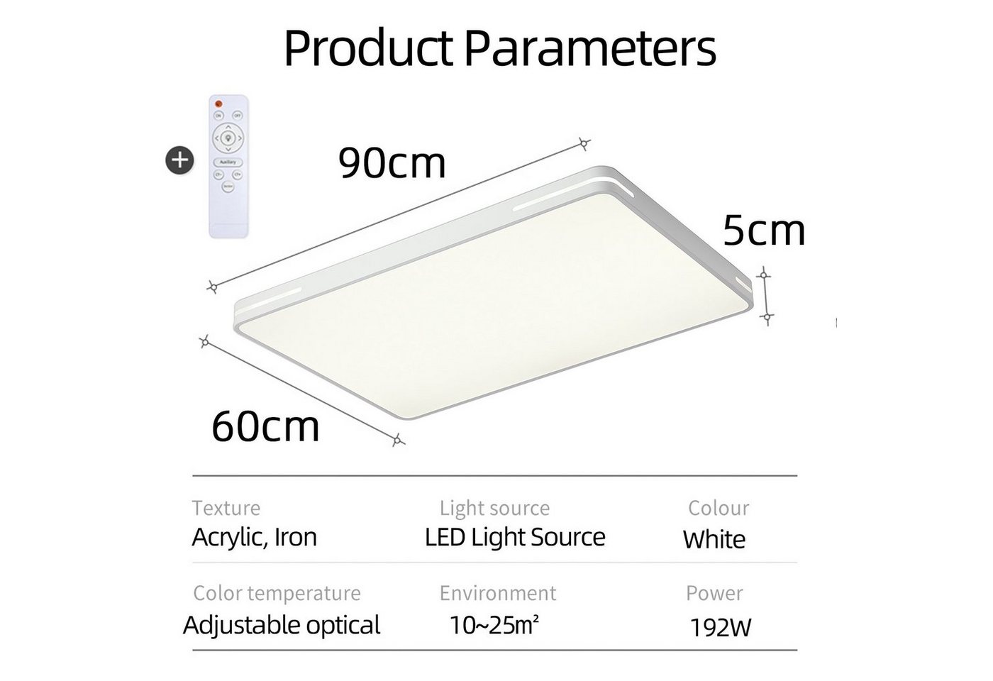 style home LED Deckenleuchte Deckenlampe, 192W-90x60x5cm, LED fest integriert, warmweiß bis kaltweiß 3000-6000K, dimmbar mit Fernbedienung, Rechteckige Lampe für Wohnzimmer Schlafzimmer Büro,Weiß Bild 5