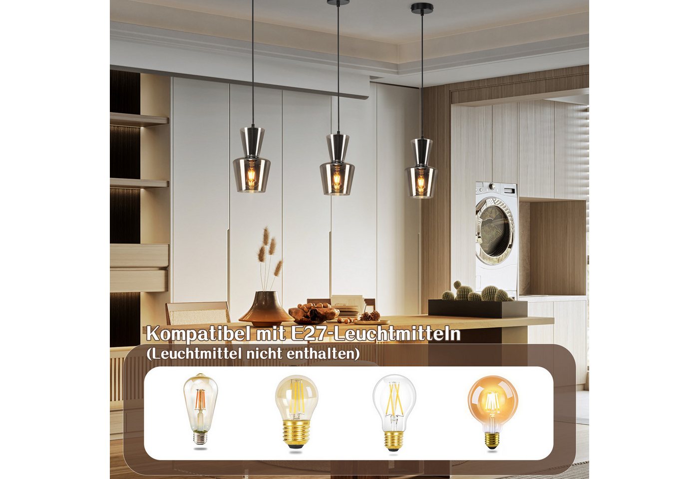ZMH Pendelleuchte Esszimmer 1/3 Flammig E27 Rauchgrau Hängeleuchte Schlafzimmer Hotel, Hochwertige Design, ohne Leuchtmittel, 1 Flammig Glas Vintage Schlafzimmer Hängeleuchte Bild 2