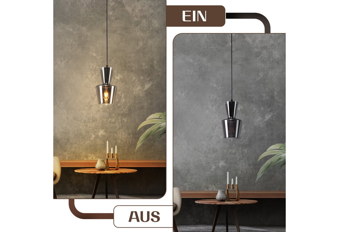 ZMH Pendelleuchte Esszimmer 1/3 Flammig E27 Rauchgrau Hängeleuchte Schlafzimmer Hotel, Hochwertige Design, ohne Leuchtmittel, 1 Flammig Glas Vintage Schlafzimmer Hängeleuchte Bild 4