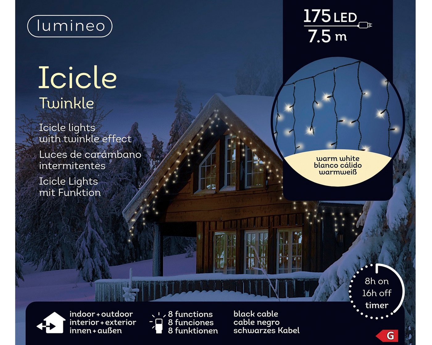 Lumineo LED-Lichterkette Lumineo Lichtervorhang ICICLE TWINKLE 175 LED 7,5 m warm weiß schwarz, 8 Twinkle-Effekte, 8h-Timer, Indoor/Outdoor Bild 3