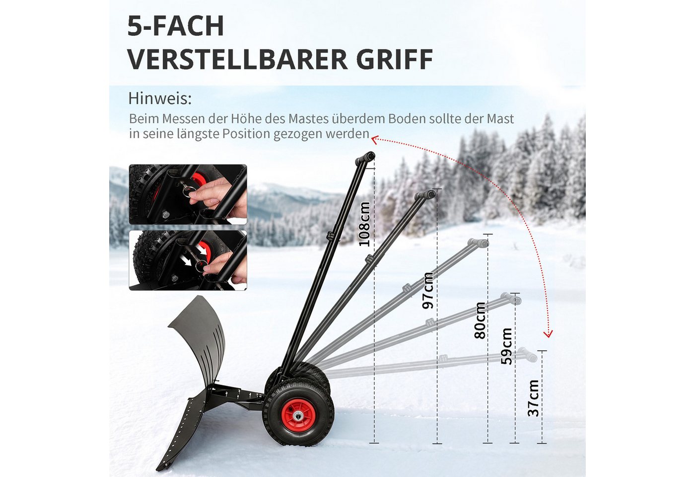 LALAHO Schneeschieber Schneeschaufel mit Rädern & Stiel – Stahlschaufel, 92 cm Arbeitsbreite, mit 100 cm langem Stiel, verstellbare Schubstange, ergonomisch, für Gehwege & Einfahrten Bild 2