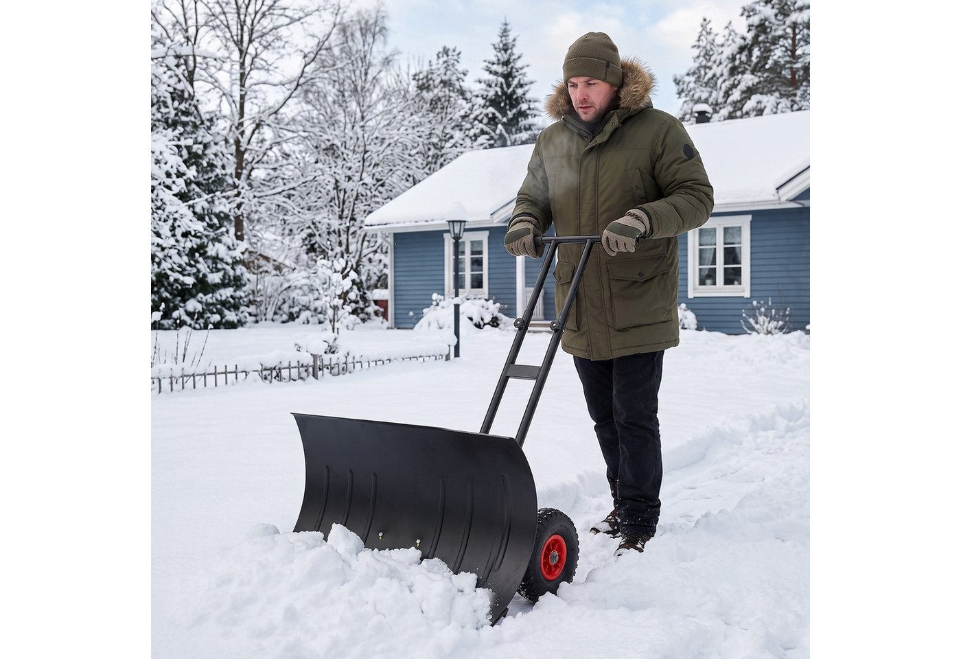 LALAHO Schneeschieber Schneeschaufel mit Rädern & Stiel – Stahlschaufel, 92 cm Arbeitsbreite, mit 100 cm langem Stiel, verstellbare Schubstange, ergonomisch, für Gehwege & Einfahrten Bild 3
