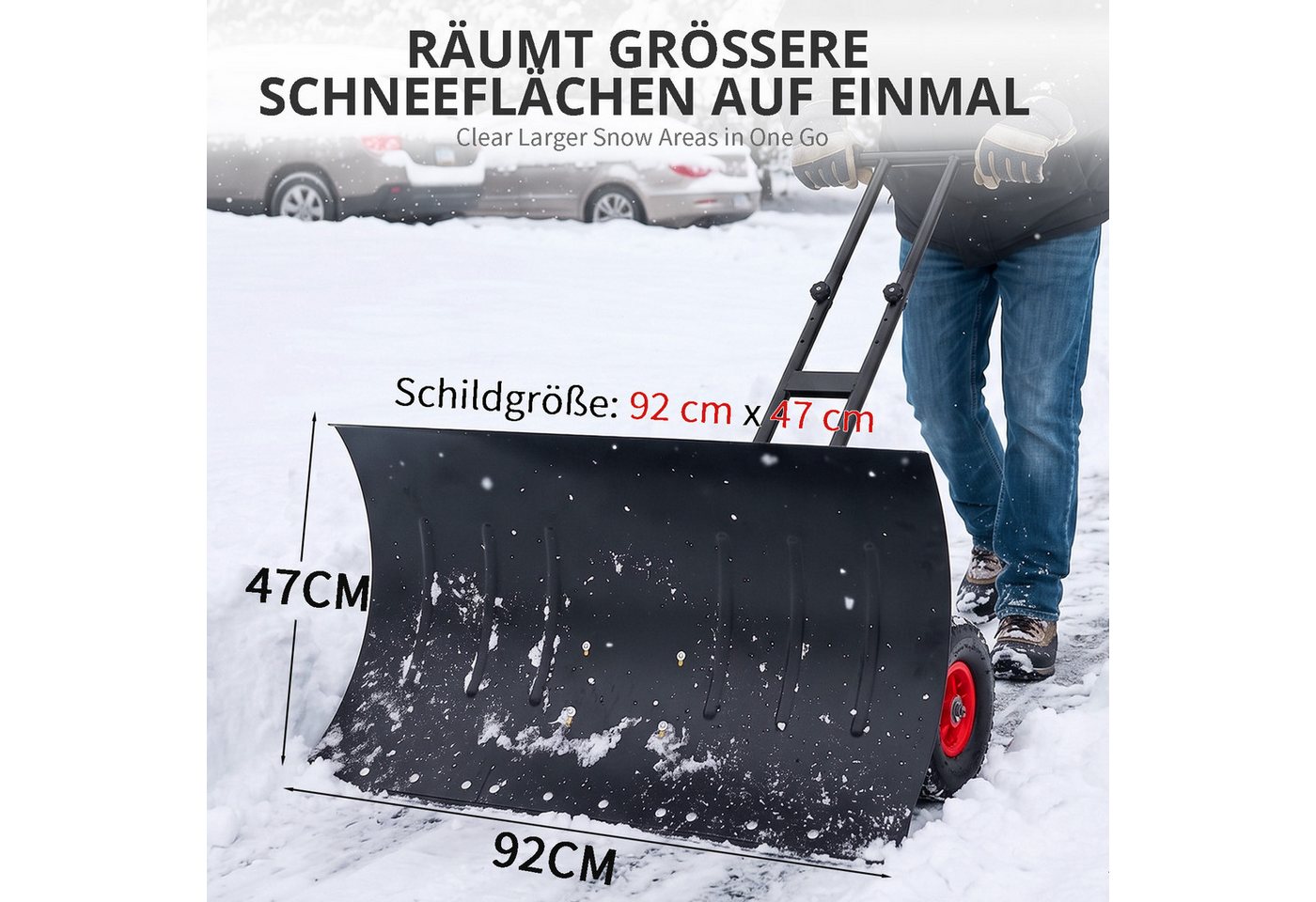 LALAHO Schneeschieber Schneeschaufel mit Rädern & Stiel – Stahlschaufel, 92 cm Arbeitsbreite, mit 100 cm langem Stiel, verstellbare Schubstange, ergonomisch, für Gehwege & Einfahrten Bild 4