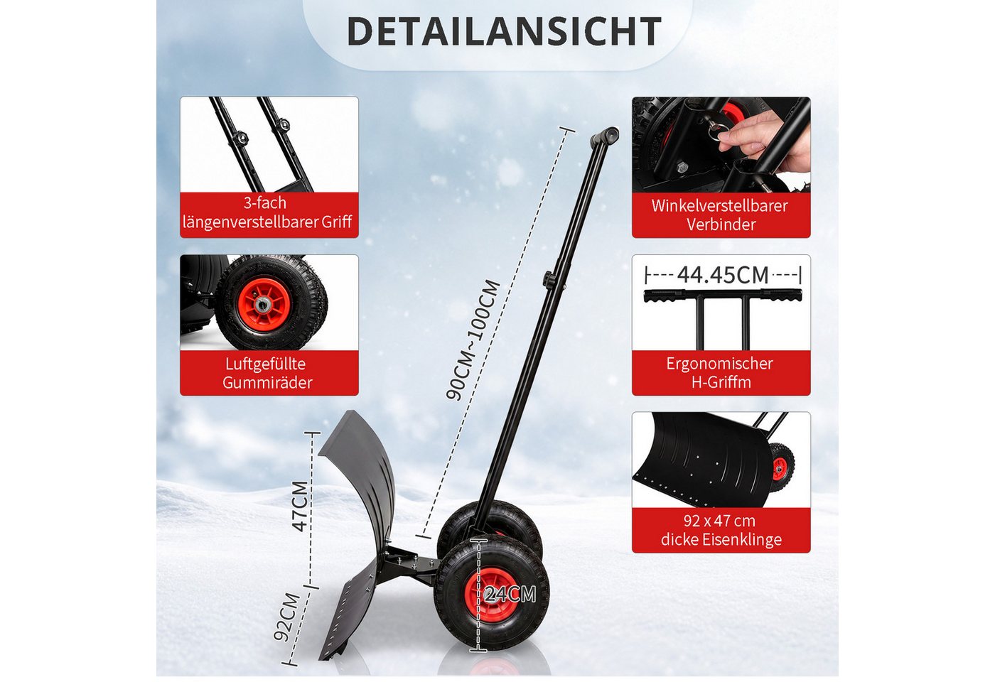 LALAHO Schneeschieber Schneeschaufel mit Rädern & Stiel – Stahlschaufel, 92 cm Arbeitsbreite, mit 100 cm langem Stiel, verstellbare Schubstange, ergonomisch, für Gehwege & Einfahrten Bild 5