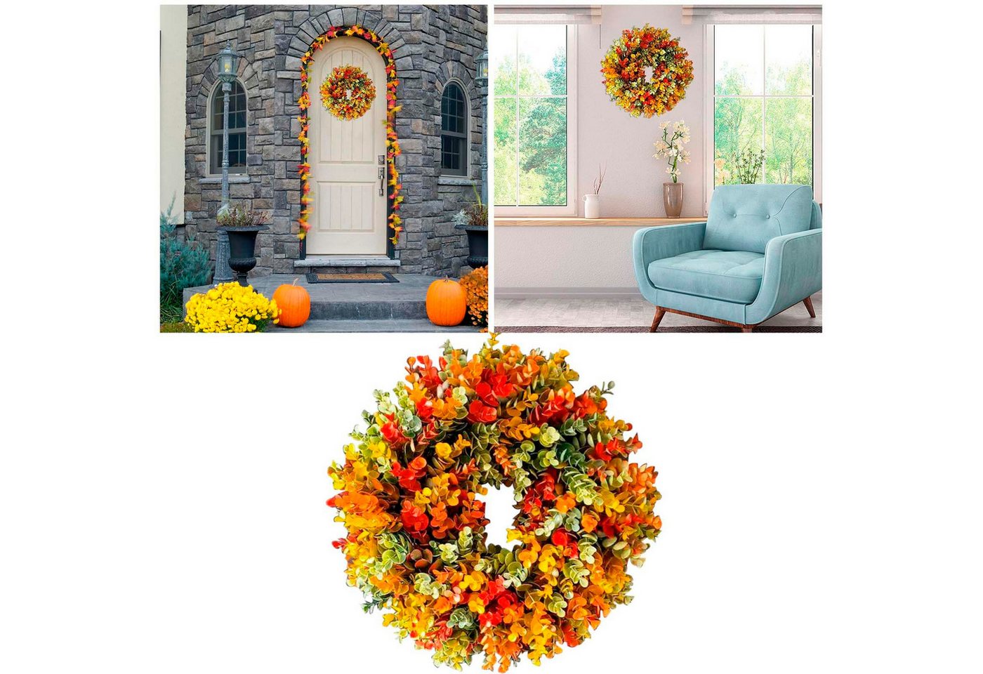 Bomiclss Dekokranz Erntedank Türkranz Herbstkranz Haustür Kranz Ganzjährig (45x45x6cm), Weihnachten Hängen Tür Kranz Modern Türkranz Außen Bild 5