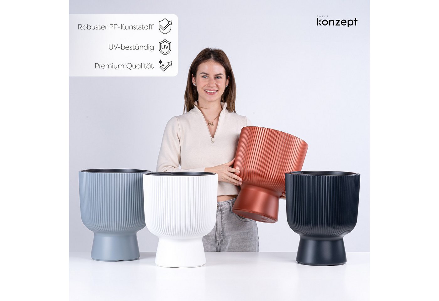 KONZEPT Blumentopf aus Kunststoff mit Einsatz, Ø 30 cm, 18 L, H 36,5 cm, in Rippen-Optik, Rippen-Optik