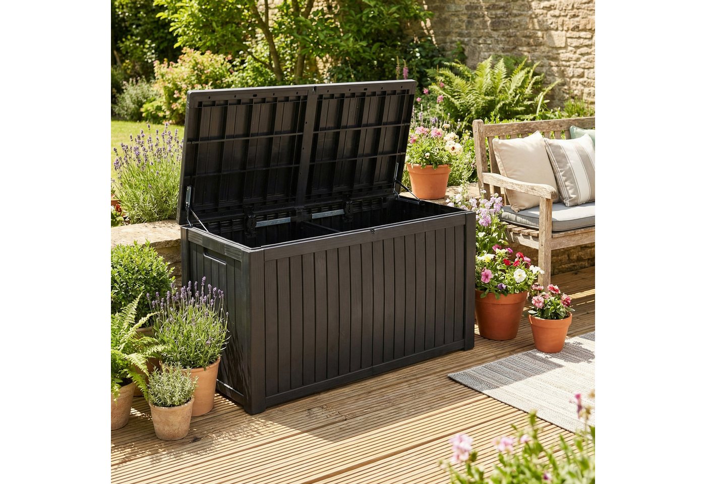 Koll Living Gartenbox 'Cedar', 680 Liter, Kunststoff Holzoptik, Schwarz (abschließbar), wasserdicht, UV & witterungsbeständig Bild 3