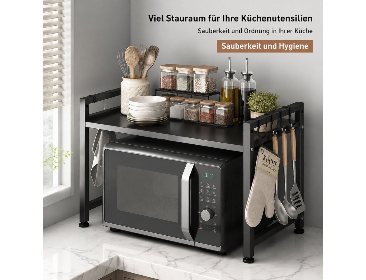Toomoke Regalelement Mikrowellenständer, Küchenorganizer für Arbeitsplatte, Geräteständer, Ablagegestell für Mikrowelle und Elektrogeräte, 2-stufig, Metall, ausziehbar, höhenverstellbar