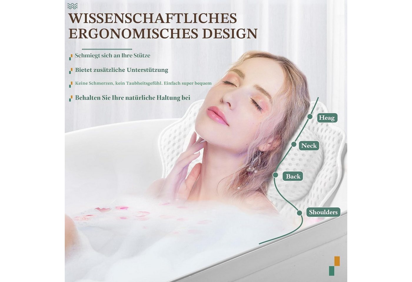 Best for Home Badaccessoire-Set Badewannenkissen, Ergonomisches Luxus Badewannenkissen mit Kopf Bild 5