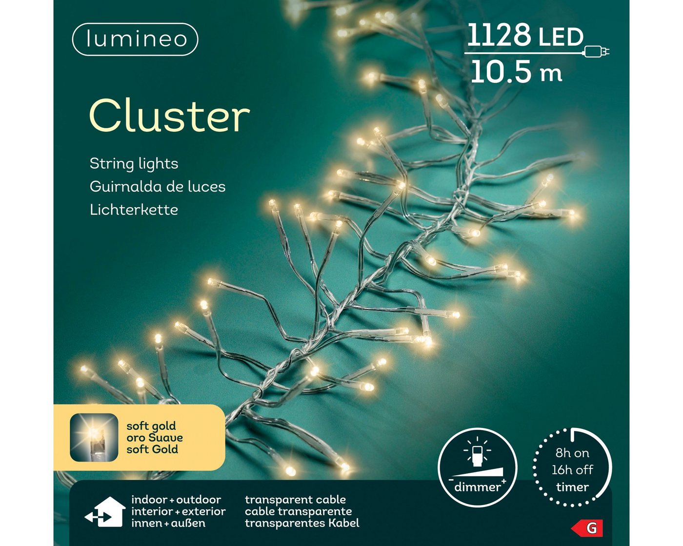 Lumineo LED-Lichterkette Lumineo, Lichterkette CLUSTER 1128 LED 10,5 m Soft Gold, transp. Kabel, Indoor/Outdoor, dimmbar, 8h-Timer, + 5 m Zuleitung Bild 4